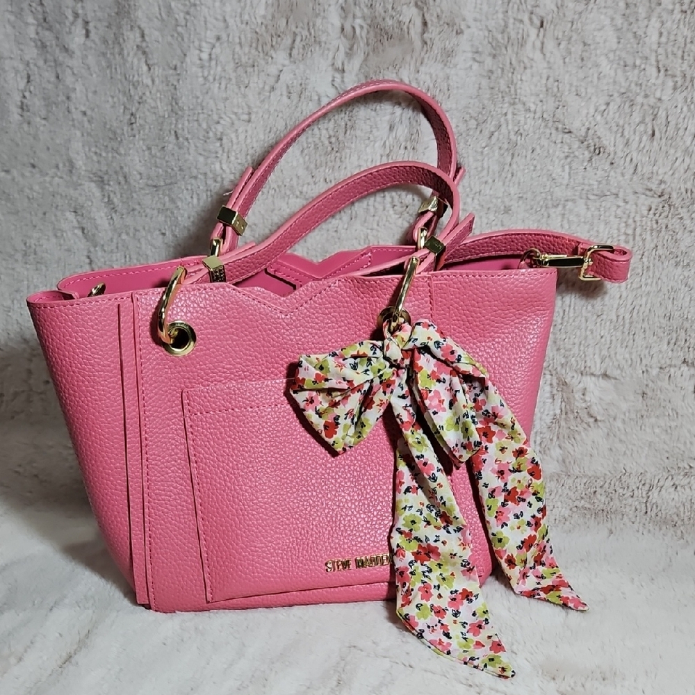 Steve Madden Vibrant Pink Tote with Floral Accent Scarf